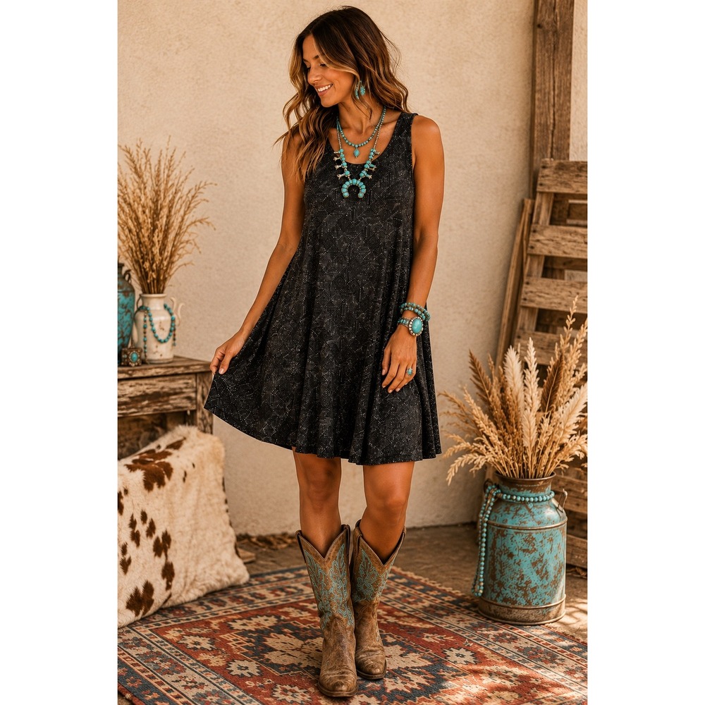 Old Navy Swing Dress Charcoal Gray Geometric Diamond Print Boho Western Medium